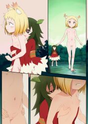  2girls ^^^ animal_ear_fluff animal_ears blonde_hair blush child_on_child cleft_of_venus clenched_teeth clothed_female_nude_female comic commentary completely_nude english_commentary flat_chest flat_chest_grab forest fox_ears grabbing grabbing_another&#039;s_breast grabbing_from_behind green_eyes green_hair green_sky highres hug hug_from_behind lake loli mountain_god multiple_girls nature navel nipple_stimulation nipples nude paid_reward_available pestil plant_hair pussy sengoku_youko short_hair silent_comic sky tama_youko teeth uncensored walking walking_on_liquid water yellow_eyes yuri 