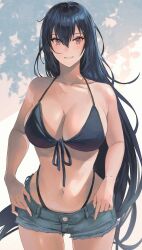  1girl bare_arms bare_shoulders bikini black_bikini black_hair breasts cleavage collarbone commentary_request curvy denim denim_shorts front-tie_bikini_top front-tie_top hair_between_eyes highleg highleg_bikini highres kantai_collection kasumi_(skchkko) large_breasts long_hair looking_at_viewer nagato_(kancolle) navel parted_lips red_eyes shorts sidelighting simple_background smile solo stomach swimsuit wide_hips 