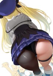  1girl ass ass_focus bent_over bird black_panties black_pantyhose blonde_hair blue_hat close-up commentary dokibird_(vtuber) dragoon_(dokibird) english_commentary from_behind grey_jacket hat highres huge_ass indie_virtual_youtuber jacket lace lace-trimmed_panties lace_trim long_hair miniskirt panties pantyhose pantyshot redi_(rasec_asdjh) simple_background single_leg_pantyhose skirt solo thigh_strap twintails underwear upskirt virtual_youtuber white_background 