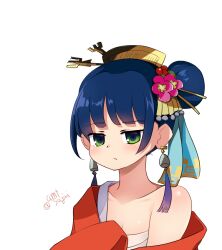 1girl ameno_sagiri_(artist) bell bell_earrings blue_hair breasts cleavage comb commentary_request earrings etrian_odyssey frown green_eyes hair_ornament hair_stick japanese_clothes jewelry kimono napier red_kimono sekaiju_no_meikyuu sekaiju_no_meikyuu_3 simple_background single_bare_shoulder small_breasts solo tassel tassel_earrings upper_body white_background