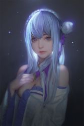  10s 1girl bare_shoulders braid closed_mouth commentary_request crown_braid dark_background detached_sleeves dress emilia_(re:zero) flower frilled_sleeves frills grey_hair hair_flower hair_ornament hands_on_own_chest highres lips long_hair long_sleeves looking_at_viewer purple_eyes re:zero_kara_hajimeru_isekai_seikatsu solo straight_hair upper_body white_dress white_flower wide_sleeves xiaoxiaoxiaomo 