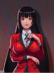  1girl black_hair blouse blunt_bangs breasts cleavage closed_mouth collared_shirt eyebrows eyelashes female_focus fingernails highres jabami_yumeko kakegurui large_breasts lips long_hair looking_at_viewer noaqin shirt solo source_request tagme upper_body white_shirt  rating:Questionable score:121 user:stuffedstockings