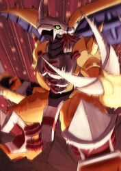  armor claws colored_skin crotch_plate digimon digimon_(creature) dragon feet_out_of_frame green_eyes helmet highres horns looking_at_viewer mechanical_wings orange_skin potato_(ewokakupotato) red_hair shoulder_armor smear_frame solo spikes spread_wings wargreymon wings 