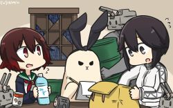 2girls animalization bag black_eyes black_hair bottle can canned_food check_commentary commentary_request dated drum_(container) flying_sweatdrops gradient_hair green_sailor_collar hamu_koutarou hayasui_(kancolle) highres holding indoors jacket kantai_collection moon_(ornament) multicolored_hair multiple_girls mutsuki_(kancolle) neckerchief notepad open_mouth pencil rain red_hair red_neckerchief rensouhou-chan sailor_collar school_uniform serafuku shimakaze_(kancolle) shimakaze_(seal) short_hair spotlight translated water_bottle window writing