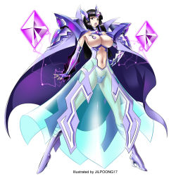  1girl black_hair breasts cape crystal fantasy_defense jilpoong17 large_breasts purple_eyes see-through thong 