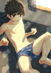  1boy absurdres armpits barefoot black_hair blue_eyes blue_male_underwear blush boxers clenched_hands highres looking_at_viewer male_focus male_underwear navel nipples on_bed open_mouth original pectorals print_male_underwear short_hair shota signature solo testicle_peek topless_male underwear upshorts window window_shadow zutaboro  rating:Explicit score:116 user:ponekad