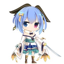  1girl back_bow black_bow blue_bow blue_eyes blue_hair blue_sash blue_sky blush boots bow breasts brown_footwear character_request chibi chinese_knot cleavage closed_mouth commentary_request expressionless full_body fur-trimmed_boots fur_trim gold_trim hair_bow heterochromia holding holding_sword holding_weapon hop_step_jumpers katana lets0020 long_sleeves looking_at_viewer medium_bangs medium_breasts obi off-shoulder_shirt off_shoulder pink_eyes sash shirt simple_background sky solo sword transparent_background weapon white_shirt wide_sleeves yellow_bow 