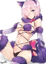 1girl animal_costume animal_ears artist_name blush bow breasts cameltoe closed_mouth elbow_gloves eyebrows fang fang_out fate/grand_order fate_(series) fur_trim gloves hair_over_one_eye halloween_costume holding_tail jewelry knee_up kyouki lace lace-trimmed_legwear lace_trim looking_at_viewer mash_kyrielight mash_kyrielight_(dangerous_beast) medium_breasts navel o-ring official_alternate_costume one_eye_covered purple_eyes purple_gloves purple_hair red_bow revealing_clothes short_hair simple_background sitting skin_tight solo strap_gap tail thighhighs underboob white_background wolf_ears wolf_tail rating:Questionable score:44 user:danbooru