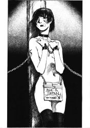 1girl auction bdsm belt_collar bondage bound breasts chain chained character_age collar convenient_censoring covering_privates covering_breasts cowboy_shot cuffs for_sale hiroaki_samura monochrome navel nude short_hair sign slave small_breasts solo standing tagme thighhighs 
