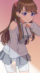  1girl :o bike_shorts bike_shorts_under_skirt breasts brown_hair chromatic_aberration clothing_cutout commentary fujishima_megumi grey_hoodie grey_shorts grey_skirt hair_ornament half_updo hand_on_own_chin highres hood hoodie jenny_(je2live) leaning_forward light_rays link!_like!_love_live! long_hair long_sleeves love_live! medium_breasts open_mouth parted_bangs puffy_long_sleeves puffy_sleeves purple_eyes shade shorts shoulder_cutout skirt solo sweat v-shaped_eyebrows 