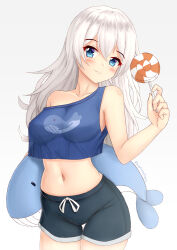  1girl bare_arms bare_shoulders black_shorts blue_eyes blush breasts candy carrying carrying_under_arm closed_mouth collarbone commentary commission cowboy_shot crop_top crop_top_overhang english_commentary food grey_background hair_between_eyes highres holding holding_candy holding_food holding_lollipop lollipop long_hair looking_at_viewer medium_breasts midriff navel original prophosphere see-through short_shorts shorts simple_background single_strap smile solo stuffed_whale swirl_lollipop thigh_gap very_long_hair white_hair  rating:Sensitive score:6 user:danbooru