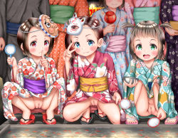  3girls black_hair blue_eyes blush candy_apple censored cleft_of_venus fang food goldfish_scooping green_eyes has_uncensored_version higegepon highres japanese_clothes kimono loli looking_at_viewer mask mosaic_censoring multiple_girls no_panties original poi_(goldfish_scoop) pussy red_eyes short_hair short_twintails squatting twintails v yukata  rating:Explicit score:405 user:danbooru