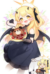  1girl 1other :d bare_shoulders birthday black_dress black_gloves black_horns black_ribbon black_tail black_wings blonde_hair blue_archive blush cake collarbone commentary_request crying crying_with_eyes_open demon_girl demon_horns demon_tail demon_wings dress flower food fruit gloves hair_between_eyes hair_ribbon halo happy_birthday highres holding holding_tray horns ibuki_(blue_archive) ibuki_(dress)_(blue_archive) kito_(sorahate) long_hair looking_at_viewer low_wings official_alternate_costume one_side_up open_mouth pink_flower pointy_ears purple_flower raised_eyebrows ribbon sensei_(blue_archive) simple_background smile solo_focus strawberry tail tears translation_request tray wavy_mouth white_background wings yellow_eyes yellow_flower 