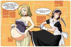  2girls aladdin_pants belly blonde_hair boots breasts cleavage closed_eyes corset dress english_text gammatelier maid multiple_girls navel pregnant simple_background wince  rating:Sensitive score:31 user:gilzoon