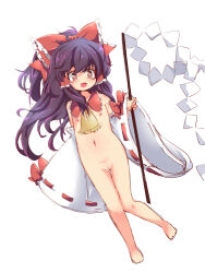  1girl ascot bow bowtie brown_eyes cleft_of_venus detached_sleeves female_focus flat_chest full_body gohei hair_bow hakurei_reimu highres holding japanese_clothes loli long_hair miko muuba navel nipples open_mouth purple_hair pussy red_bow sidelocks simple_background solo touhou white_background wide_sleeves 