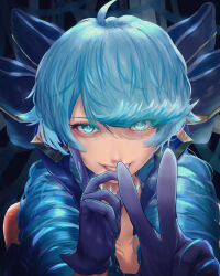 1girl absurdres ahoge bare_shoulders black_bow bow collarbone drill_hair epicmilk gloves green_eyes green_hair grin gwen_(league_of_legends) hair_bow hair_ornament hands_up highres league_of_legends long_hair portrait purple_gloves shiny_skin smile solo symbol_in_eye teeth twin_drills v rating:General score:3 user:danbooru