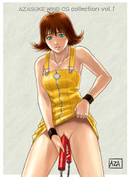 1990s_(style) 1girl anal azasuke blush brown_hair censored clothes_lift double_insertion double_penetration dress dress_lift final_fantasy final_fantasy_viii green_eyes highres masturbation multiple_penetration no_panties nunchaku object_insertion pussy retro_artstyle selphie_tilmitt spread_legs sweat vaginal weapon rating:Explicit score:31 user:Anonymous