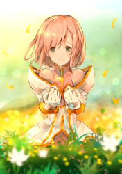  1girl absurdres blurry coat estellise_sidos_heurassein flower gloves grass green_eyes highres humi petals pink_hair short_hair smile solo tales_of_(series) tales_of_vesperia white_coat white_gloves 