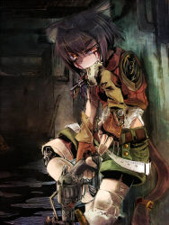 1girl amagaeru_(hylathewet) amputee android animal_ears belt biting black_hair broken cat_ears cat_tail damaged fang fingerless_gloves gloves gun handgun holding holding_weapon injury looking_at_viewer mechanical_parts mechanical_parts mouth_hold object_in_mouth original revolver serious severed_arm severed_limb shorts slit_pupils tail weapon wire rating:Sensitive score:17 user:rowlandt