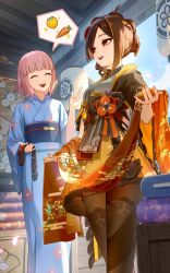  2girls berry bibi_(obb_spl) blonde_hair blue_kimono breasts brown_gloves brown_hair carrot chiori_(genshin_impact) drill_hair genshin_impact gloves grey_kimono highres holding holding_clothes holding_gloves japanese_clothes kimono long_sleeves medium_breasts multicolored_hair multiple_girls official_art ogura_mio_(genshin_impact) open_mouth pantyhose pink_hair red_eyes second-party_source vision_(genshin_impact) 