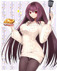  1girl bare_shoulders breasts brown_pantyhose fate/grand_order fate_(series) french_toast hair_between_eyes hazuki-a highres jewelry large_breasts long_hair long_sleeves looking_at_viewer necklace off-shoulder_sweater off_shoulder pantyhose plate purple_hair red_eyes scathach_(fate) smile solo spatula sweater thighs white_sweater  rating:Sensitive score:13 user:danbooru