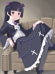  1girl black_hair black_skirt blush commentary_request couch flower gokou_ruri hair_flower hair_ornament highres long_hair long_sleeves looking_at_viewer meow_(nekodenki) mole mole_under_eye on_couch ore_no_imouto_ga_konna_ni_kawaii_wake_ga_nai pantyhose red_eyes skirt solo 