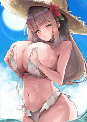 1girl bare_arms bare_shoulders bikini black_choker black_survival blue_sky blush breasts brown_hair choker clover-shaped_pupils commentary_request day eternal_return:_black_survival flower frilled_bikini frills green_eyes gweon_sua hair_flower hair_ornament hat highres huge_breasts long_hair looking_at_viewer navel nikitan_(niki) outdoors sky solo stomach straw_hat sun sweat swimsuit symbol-shaped_pupils untied_bikini wading water white_bikini  rating:Questionable score:5 user:danbooru