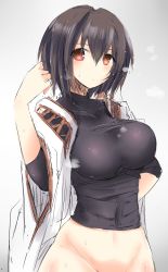 10s 1girl bottomless breasts brown_eyes brown_hair covered_navel female_focus groin highres hyuuga_(kancolle) kantai_collection large_breasts looking_at_viewer muscular nao_(qqqbb) nontraditional_miko short_hair sketch skin_tight solo sweat undershirt rating:Questionable score:21 user:danbooru