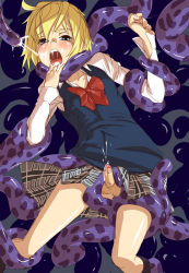  1boy androgynous blonde_hair blue_eyes crossdressing cum cum_in_mouth erection highres male_focus nekotama1987 open_mouth penis pleated_skirt rape shota skirt solo tears tentacles tentacles_on_male trap  rating:Explicit score:47 user:WizzStar1
