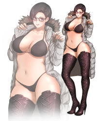 1girl absurdres black_bra black_hair black_panties boots bra breasts cleavage cross-laced_footwear glasses high_heel_boots high_heels highres lace-up_boots large_breasts navel panties purple_eyes short_hair solo tagme thigh_boots thighhighs trickster_(death_combo) underwear zoom_layer rating:Questionable score:56 user:jojosstand