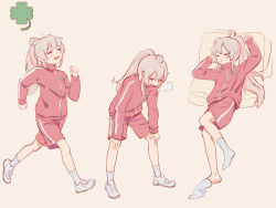  1girl =_= ahoge chinese_commentary clover commentary_request exhausted four-leaf_clover full_body grey_hair hands_on_own_knees heavy_breathing highres jacket leaning_forward legs_apart long_hair long_sleeves lying multicolored_hair no_shoes on_back onii-chan_wa_oshimai! oyama_mahiro pink_hair ponytail red_jacket red_shorts running shoes shorts simple_background sneakers sock_pull socks track_jacket track_suit two-tone_hair white_footwear white_socks ziyan_yi 