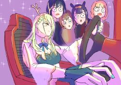 absurdres antlers blonde_hair blue_bow blue_bowtie bow bowtie ceres_fauna fingerless_gloves gloves highres hololive hololive_english horns mole mole_under_eye multiple_girls nanashi_mumei ninomae_ina&#039;nis on_chair ouro_kronii playing_games steering_wheel surprised virtual_youtuber watching_television watson_amelia wide-eyed yellow_eyes zeon_(zzeeonn)
