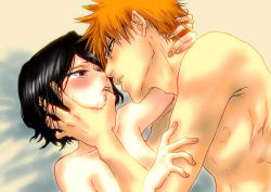  1boy 1girl black_hair bleach blush couple eye_contact finger_in_another&#039;s_mouth hand_in_own_hair hand_on_another&#039;s_face kuchiki_rukia kurosaki_ichigo looking_at_another md5_mismatch necomata-gi_(micmic) open_mouth orange_hair parted_lips saliva sexually_suggestive short_hair tears tongue topless 