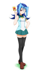  1girl blue_hair chiyo_(no3baki) full_body highres kamishiro_rio long_hair looking_at_viewer red_eyes school_uniform skirt smile wink yu-gi-oh! yuu-gi-ou yuu-gi-ou_zexal  rating:Sensitive score:7 user:fakyuh