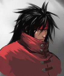  1boy black_hair cloak closed_mouth commentary_request dargain_x final_fantasy final_fantasy_vii final_fantasy_vii_rebirth final_fantasy_vii_remake gradient_background hair_between_eyes headband high_collar long_hair male_focus portrait red_cloak red_eyes red_headband solo spiked_hair upper_body vincent_valentine 