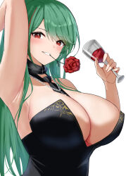 1girl absurdres arm_up armpits azur_lane black_dress breasts cleavage clothes_between_thighs cocktail_dress cup dress drinking_glass evening_gown flower flower_in_mouth green_hair highres large_breasts littorio_(azur_lane) littorio_(calabria_aurea)_(azur_lane) long_dress looking_at_viewer mouth_hold official_alternate_costume rose smile soul_(dp11) upper_body white_background wine_glass 