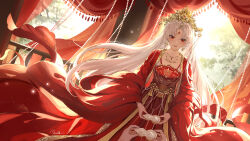  1girl absurdres backlighting chinese_clothes crown curtains dress duijin_ruqun earrings facial_mark forehead_mark hanfu highres holding huadian jewelry long_hair long_sleeves looking_at_viewer morimori_(14292311) necklace parted_bangs red_dress red_eyes sitting smile solo very_long_hair white_hair 