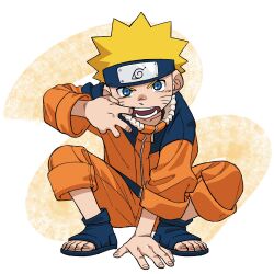  1boy absurdres blonde_hair blue_eyes blue_hair child commentary_request facial_mark finger_to_mouth forehead_protector full_body headband highres jacket long_sleeves looking_at_viewer male_focus naruto naruto_(series) ninja open_mouth pants sandals shoes short_hair simple_background solo spiked_hair squatting teeth uzumaki_naruto zumi_mimimi 