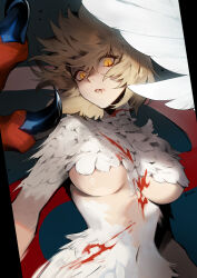  1girl absurdres arms_at_sides artist_name blonde_hair blood blood_on_body blood_on_face blue_background body_fur breasts byam chimera completely_nude dragon_girl dungeon_meshi falin_touden falin_touden_(chimera) feathered_wings floating_hair highres korean_commentary large_breasts looking_at_viewer mixed-language_commentary monster_girl navel nude parted_lips short_hair slit_pupils spoilers upper_body wings yellow_eyes 