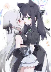  2girls absurdres animal_ears black_bow black_dress black_hair blue_archive bow carrot china_dress chinese_clothes dress food_in_mouth green_eyes grey_hair hair_bow halo highres hug kokona_(blue_archive) long_hair looking_at_another meunhongcha mouth_hold multiple_girls red_eyes shun_(blue_archive) shun_(small)_(blue_archive) siblings sidelocks simple_background sisters standing tears thighhighs white_hair white_thighhighs 