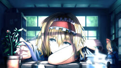  1girl 99_(hosinosensei) alice_margatroid apron blonde_hair blue_dress book bookshelf bow capelet commentary doll dress expressionless fidgeting frilled_apron frilled_hairband frilled_sleeves frills hair_between_eyes hairband head_on_arm indoors ink_bottle looking_to_the_side medium_hair neck_ribbon open_book plant potted_plant quill red_bow red_hairband ribbon shanghai_doll short_sleeves solo touhou upper_body waist_apron white_capelet window 