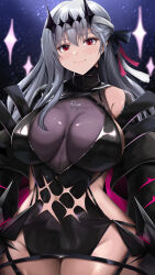  1girl black_dress black_gloves black_ribbon blush breasts cleavage clothing_cutout covered_navel detached_sleeves diadem dress gloves goddess_of_victory:_nikke grey_hair hair_ribbon highres kanzaki_kureha large_breasts long_hair looking_at_viewer marian_(nikke) modernia_(nikke) modernia_(second_affection)_(nikke) red_eyes ribbon see-through see-through_cleavage smile solo thighs wide_hips 
