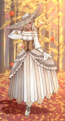  1girl absurdres autumn autumn_leaves braid corset day dress forest full_body hat highres long_hair long_sleeves looking_at_viewer nature noko_(meityoko73) off-shoulder_dress off_shoulder original outdoors personification ringlets skirt_hold smile solo sunlight white_hair wide_brim yellow_eyes 