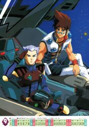  1990s_(style) 2boys animedia blue_hair brown_hair canopy_(aircraft) commentary control_stick english_commentary fire_bomber friends gamlin_kizaki hand_on_another&#039;s_shoulder helmet highres kawada_tsuyoshi key_visual looking_at_viewer machinery macross macross_7 military multiple_boys nekki_basara official_art pilot pilot_chair promotional_art retro_artstyle salute science_fiction serious sitting space spiked_hair star_(symbol) starry_background sunglasses u.n._spacy uniform unworn_headwear unworn_helmet variable_fighter vf-17 
