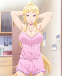  1girl absurdres adjusting_hair ahoge anime_screenshot armpits arms_behind_head arms_up blonde_hair blue_eyes breasts camisole cleavage collarbone dosanko_gal_wa_namaramenkoi fuyuki_minami gyaru highres indoors interior jewelry large_breasts long_hair looking_at_viewer mouth_hold necklace pink_shirt pink_shorts screencap shirt shorts sidelocks solo stitched thighs third-party_edit  rating:Sensitive score:60 user:PuttHutt