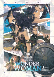  1boy 2girls absurdres animification armlet black_eyes black_hair breasts brown_hair cape chinese_text circlet cleavage commentary_request dc_comics fur_cape highres hippolyta_(dc) house huang_jia-wei huang_jiawei jacket medium_breasts movie_poster multiple_girls pteruges shield steve_trevor sword weapon wonder_woman wonder_woman_(series) 