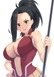 1girl bad_id bad_pixiv_id black_eyes black_hair black_mutou boku_no_hero_academia breasts center_opening hand_on_own_hip holding holding_staff large_breasts leotard looking_at_viewer medium_hair open_mouth ponytail simple_background smile solo staff white_background yaoyorozu_momo rating:Sensitive score:57 user:danbooru