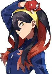  1girl absurdres arm_above_head black_hair blue_jacket blueberry_academy_school_uniform carmine_(pokemon) closed_mouth colored_inner_hair creatures_(company) eyelashes from_side game_freak gazacy_(dai) gloves hair_between_eyes hairband highres holding holding_poke_ball jacket long_hair long_sleeves looking_at_viewer mole mole_under_eye multicolored_hair nintendo partially_fingerless_gloves poke_ball poke_ball_(basic) pokemon pokemon_sv red_gloves red_hair school_uniform solo two-tone_hair upper_body white_background yellow_eyes yellow_hairband 