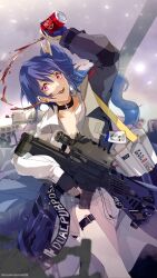 1girl airburst_grenade_launcher assault_rifle black_choker black_gloves blue_hair blue_shorts bolt-action_grenade_launcher bolt_action bullpup burst_fire_gun burst_fire_rifle can carbine choker cola collarbone computerized_scope daewoo_k11 dr_pepper fingerless_gloves girls&#039;_frontline gloves grenade_launcher gun highres holding holding_can holding_gun holding_weapon jacket k11_(girls&#039;_frontline) long_hair long_sleeves looking_at_viewer mineta_naoki multi-weapon multiple-barrel_firearm open_clothes open_jacket precision-guided_firearm purple_eyes rifle shirt short-barreled_rifle short_shorts shorts side_ponytail sight_(weapon) smart_scope smile solo telescopic_sight thermal_weapon_sight thigh_strap underbarrel_assault_rifle underbarrel_rifle weapon white_shirt
