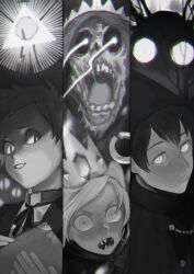  5boys adventure_time bill_cipher book crossover crown dipper_pines fez_hat finn_the_human glowing glowing_eyes gravity_falls greyscale hat highres holding holding_book hood hood_up jacket lich_(adventure_time) male_focus monochrome multiple_boys one-eyed open_mouth over_the_garden_wall pointy_hat sharp_teeth shirt short_hair skull teeth the_beast triangle wirt_(over_the_garden_wall) zipperradio  rating:General score:18 user:danbooru